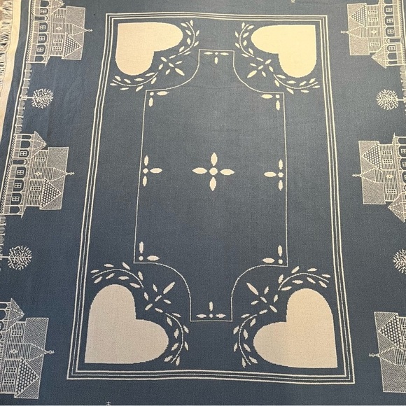 Vintage Blue & White Heart Cotton Blanket Reversible Goodwin Weavers Knit - Picture 1 of 13